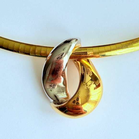 Estate 14K Yellow Gold Gooseneck Half Round Necklace Two Tone Modernist Pendant - Picture 3 of 12